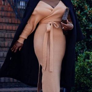 Knit off shoulder belted sweater dress